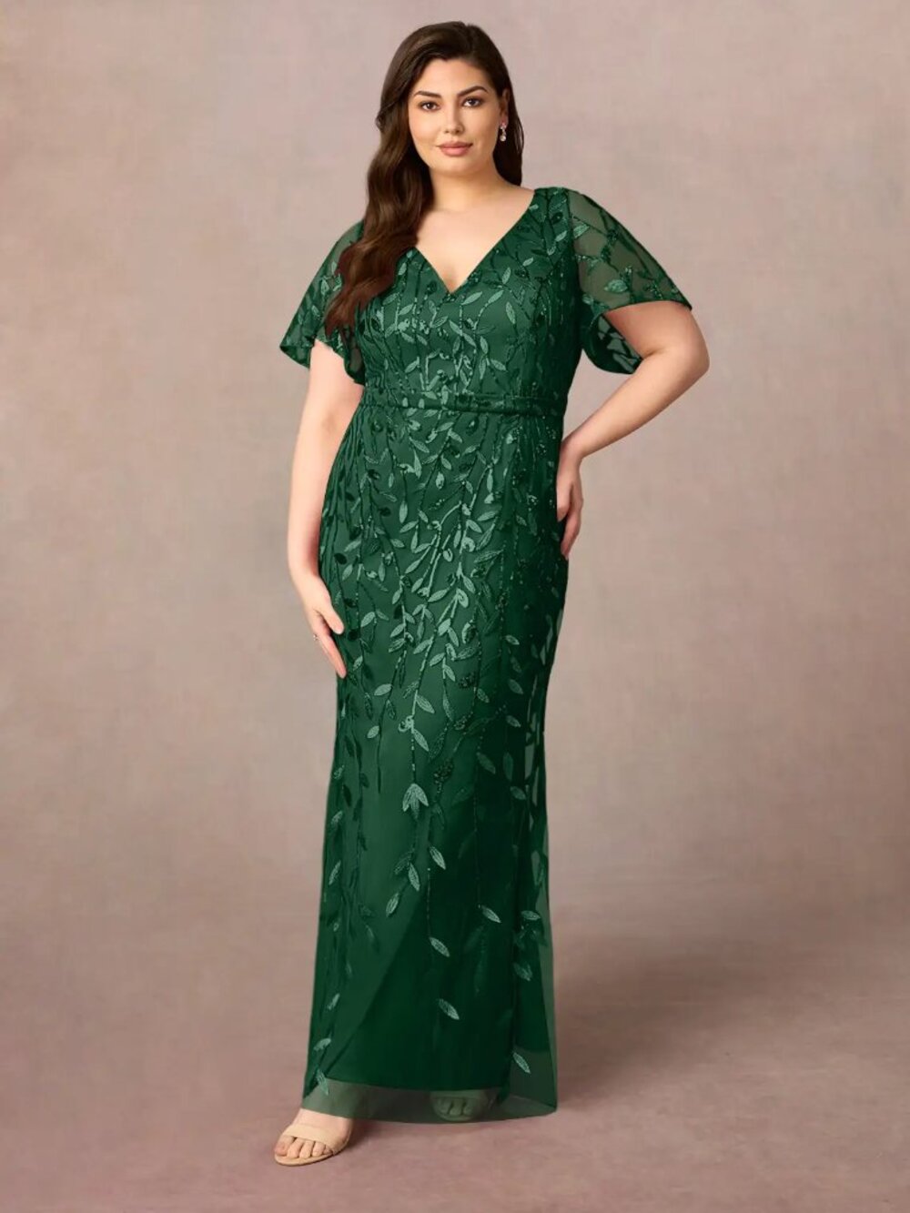 Azazie/Upstudio "Petaluma" Dress - Dark Green Mermaid V-Neck Sequins Dress